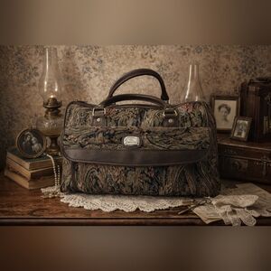 Vintage Jordache Tapestry Travel Bag Weekender Floral Carpet Bag Brown Trim 80s